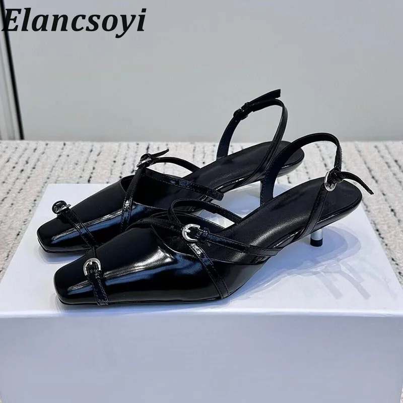 

Closed Toe Solid Color Kitten Heels Sandals Women Genuine Leather Belt Buckle Design Sandalias Summer Party Dress Shoes Pumps