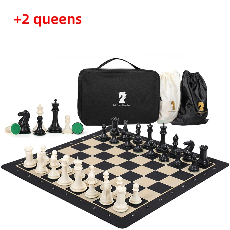 Staunton Chess Set,Weighted Pieces,Rollable Board,2 Extra Queens,Portable Carry Bag & 2 Storage Drawstring Bags