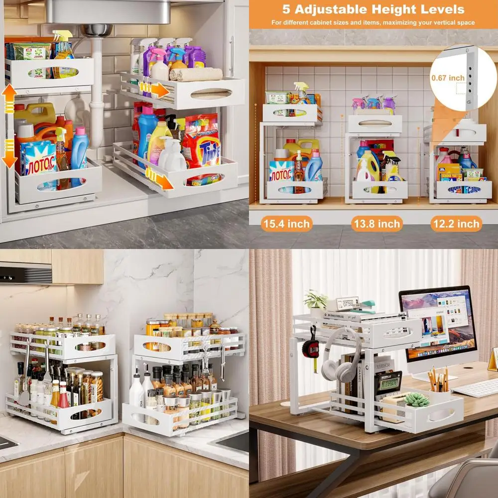 

2-Tier Adjustable Slide-Out Metal Under-Sink Organizer, Pull-Out Storage Drawer for Kitchen & Bathroom, White, 2-Pack