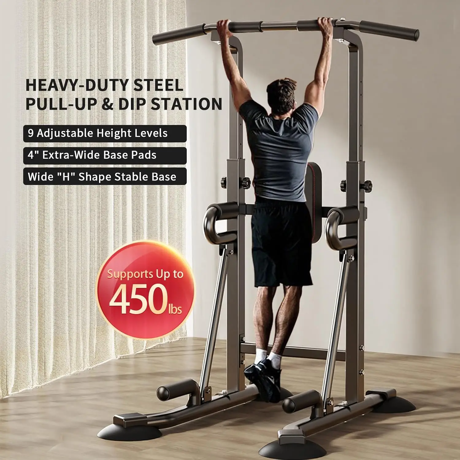 Power Tower Pull-Up Bar Station for Home Gym, Freestanding Multi-Function Sturdy Workout Equipment for Pull-Ups, Dips, Leg Raises, Full-Body Strength Training, 450 lbs Capacity
