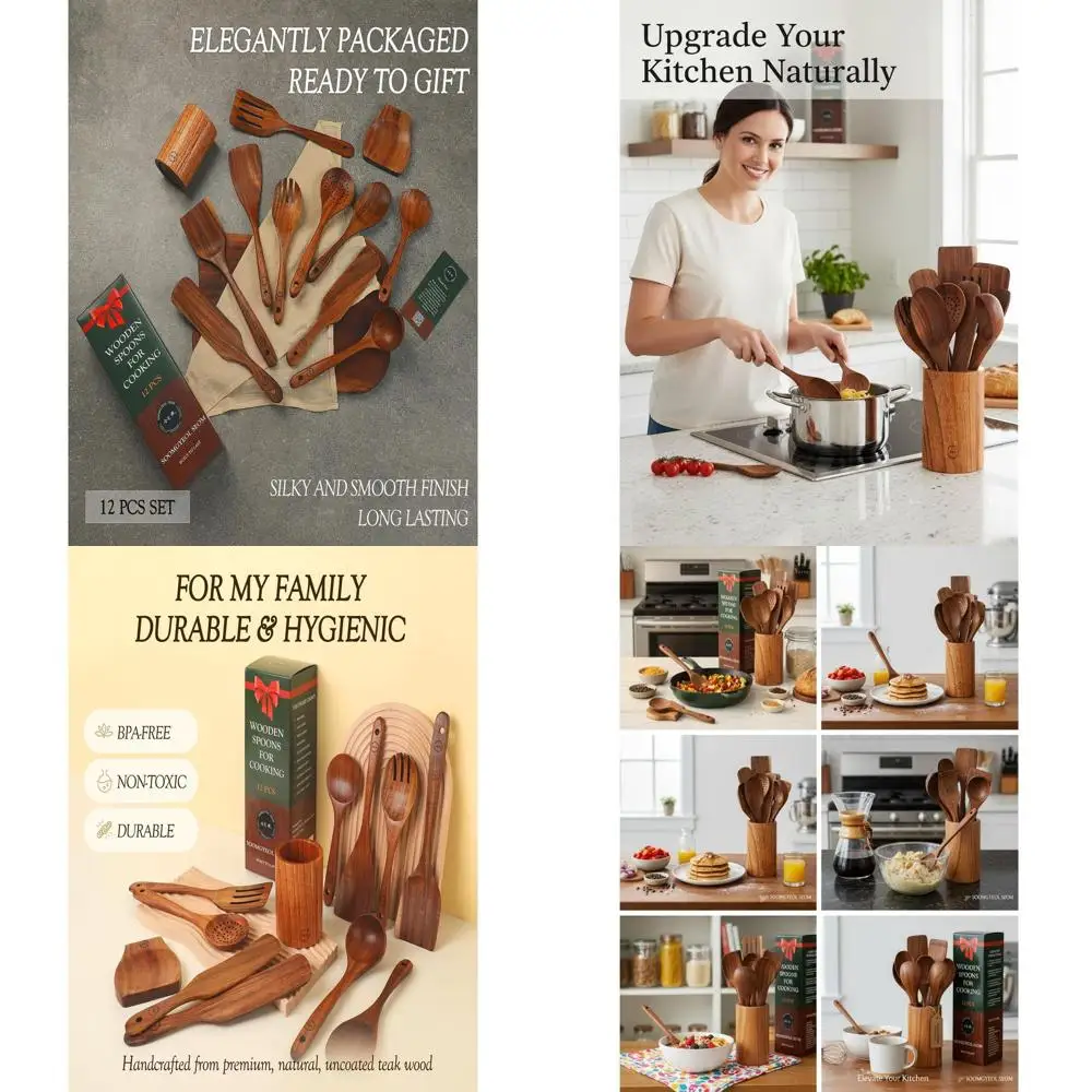 

12-Piece Natural Teak Wood Cooking Utensil Set with Large Spoon Rest - Non-Stick, Heat Resistant, Durable, Food-Safe, and Eco-Fr