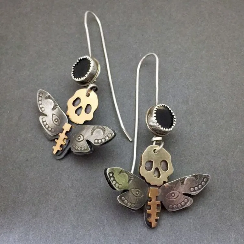 Gothic Style Death Moth Dangle Earrings Skull Gothic Butterfly Rock Emo Punk Silver Plated Earrings Personality Jewelry Y2K
