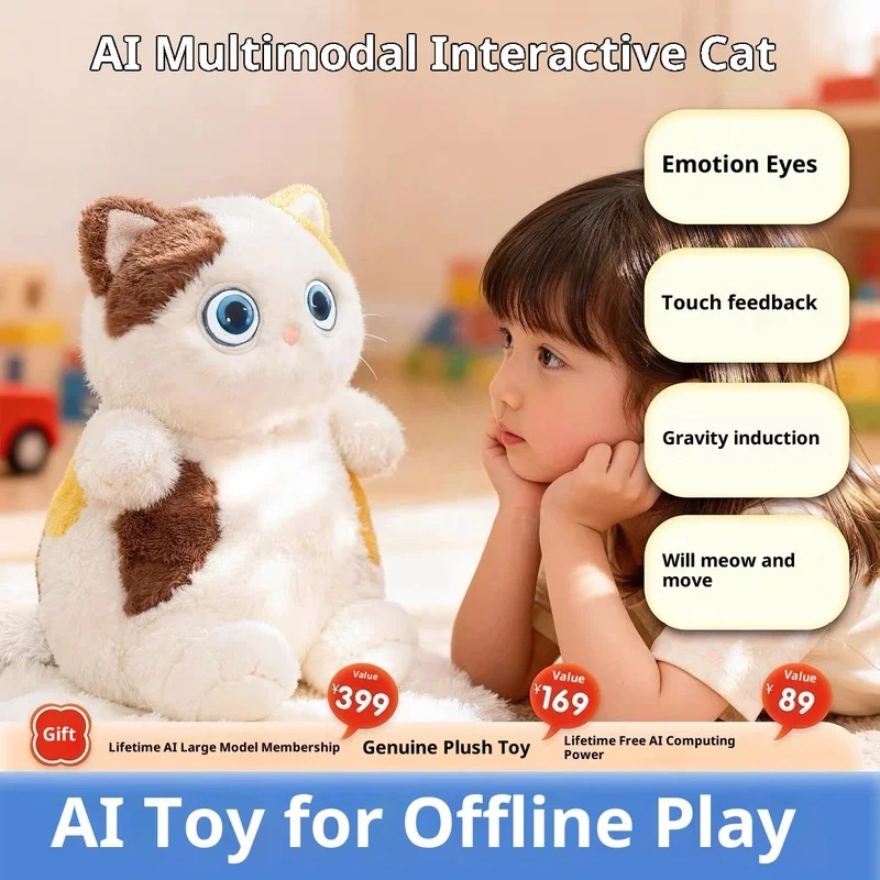AI Smart Cat Plush Toy Touch Sensor Glowing Eyes Wagging Tail Multilingual Interactive Pet Companion Toy Gift For Bo