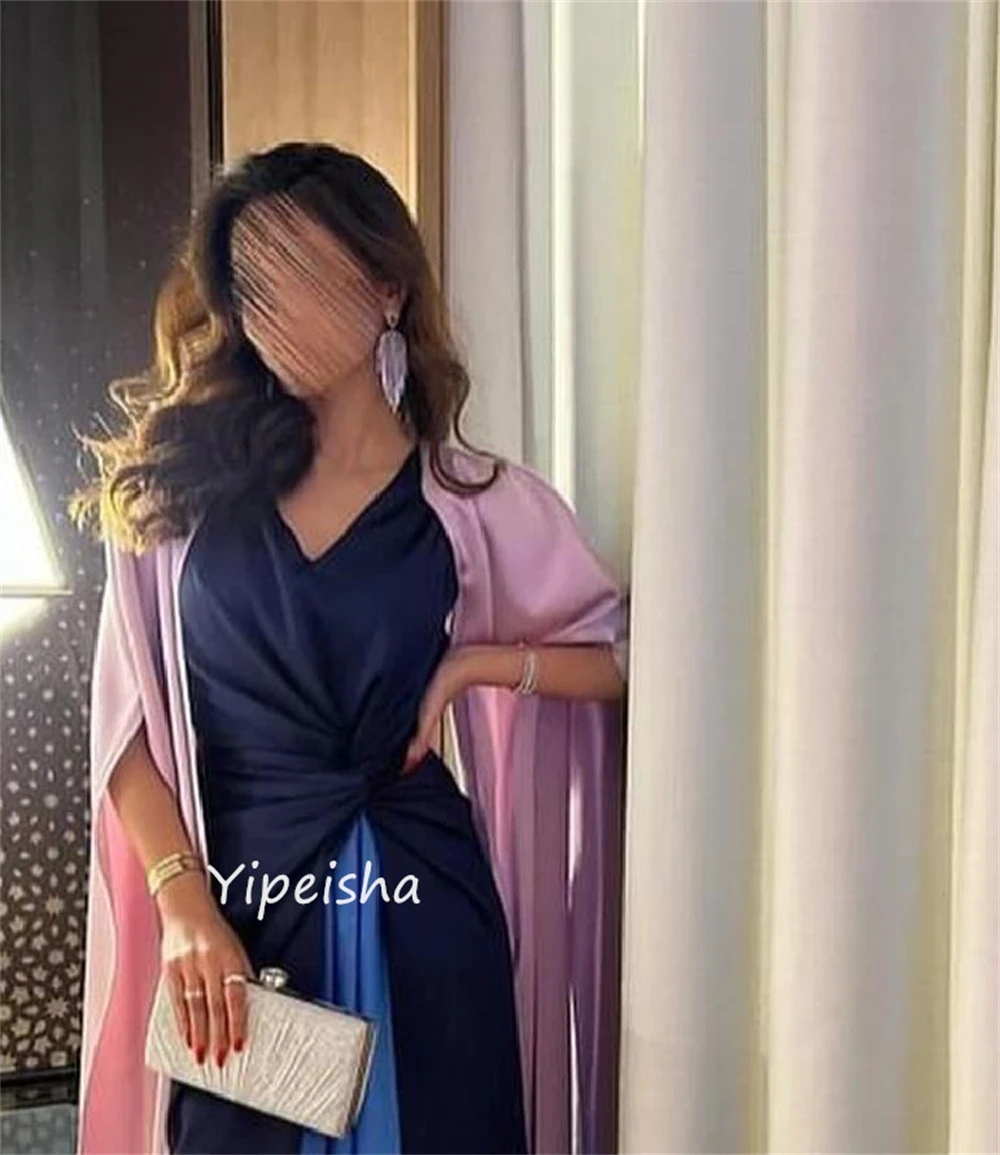 Yipeisha ขนาดเรียบง่าย V คอ A-Line Draped Shirred ข้อเท้าความยาวกระโปรง Charmeuse ชุดราตรี