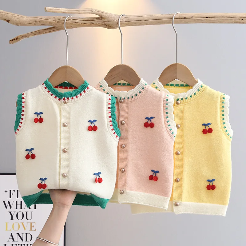 Spring Autumn Baby Girls Knitted Vests Cherry Decoration Sleeveless Jacket Toddlers Kids Waistcoats Girl Cardigan Tops GY04201