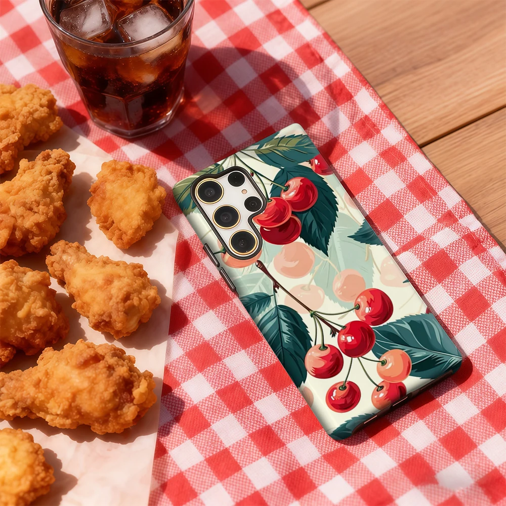 

Niche Cherry Delight Phone Case for Samsung Galaxy S20 FE S22 S24 S25 Plus Ultra 4G 5G Luxury Double-layer Back Cover Funda