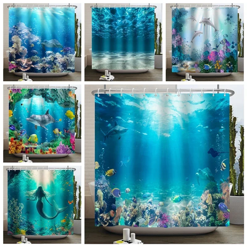 Underwater World Ocean Shower Curtain for Bathroom Seabed Animals Sea Turtle Dolphin Fish Waterproof Bathroom Curtain With Hooks