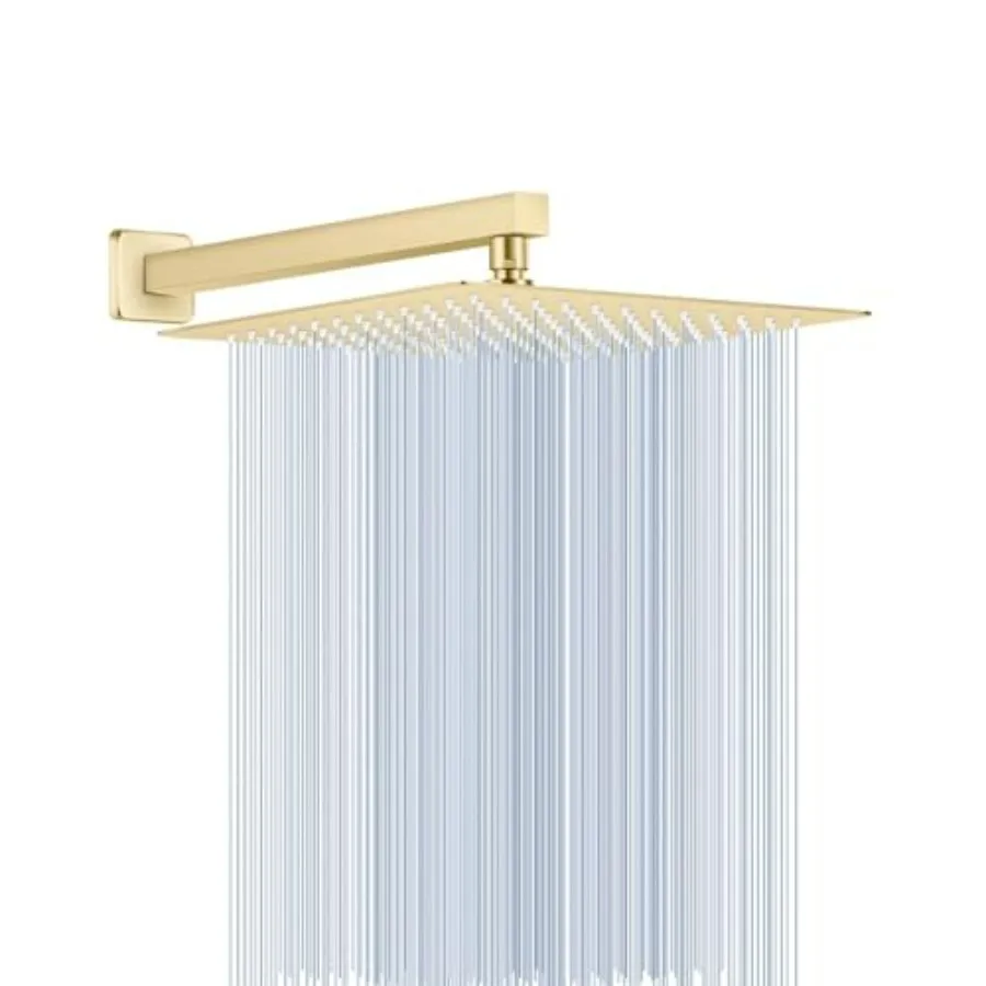 

12 Inch Brushed Gold Rain Shower Head with 16 Inch Extension Arm for Full Body Coverage Stainless Steel Square Showerhead with