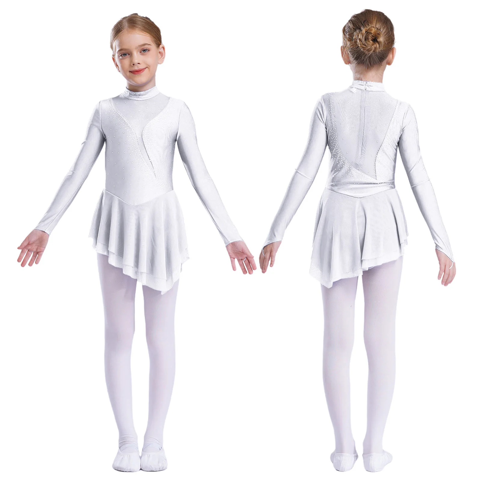 Child Girls Figure Skating Dress Modern Lyrical Dance Ballet Gymnastics Clothes Long Sleeve Rhinestone Sheer Mesh Leotard Tutu