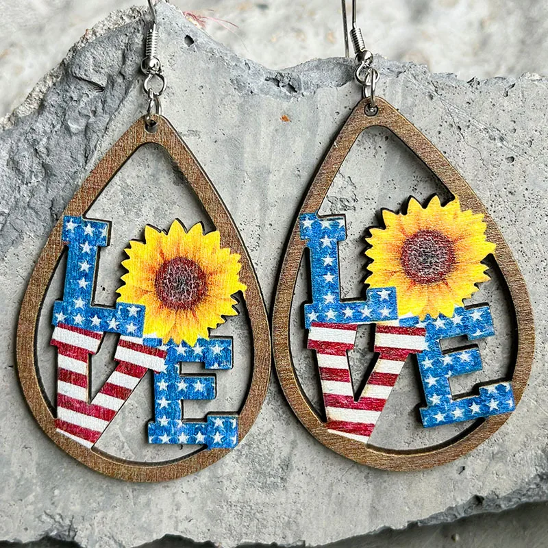 Western Independence Day Wooden Earrings for Women 4th of July Patriotic Statement Sunflower Stars Stripes Earrings Jewelry