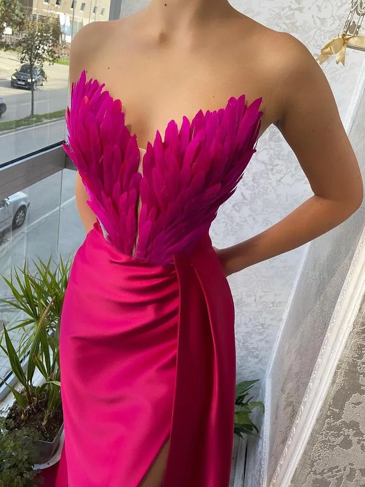 Customized Mermaid Women Evening Dresses Feather Side Slit Prom Party Gowns Formal Vestido De Noche robes de soirée Abendkleider