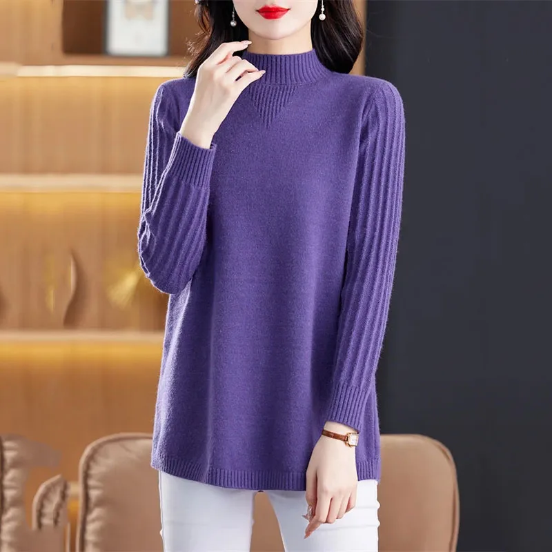 

New Semi-turtle Neck Women's Sweater Middle School Long Autumn Winter Bottoming Shirt Slim Mother with Loose Knitting Ladies
