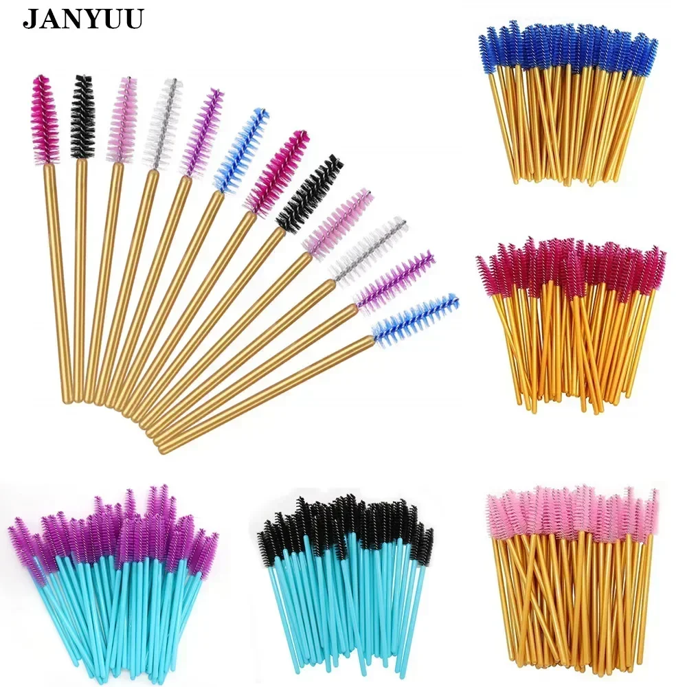 Heißer Verkauf 1000 stücke Mix Farben Wimpern Pinsel Top Menge Nylon Einweg Mascara Wands Wimpern Gold Griff Make-Up Pinsel wimpern