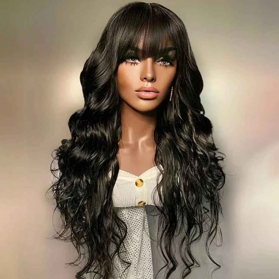 Body Wave Human Hair Wigs With Bangs Brazilian 30 Inch Full Machine Made Wig With Bang Long Natural Remy Human Hair For Women