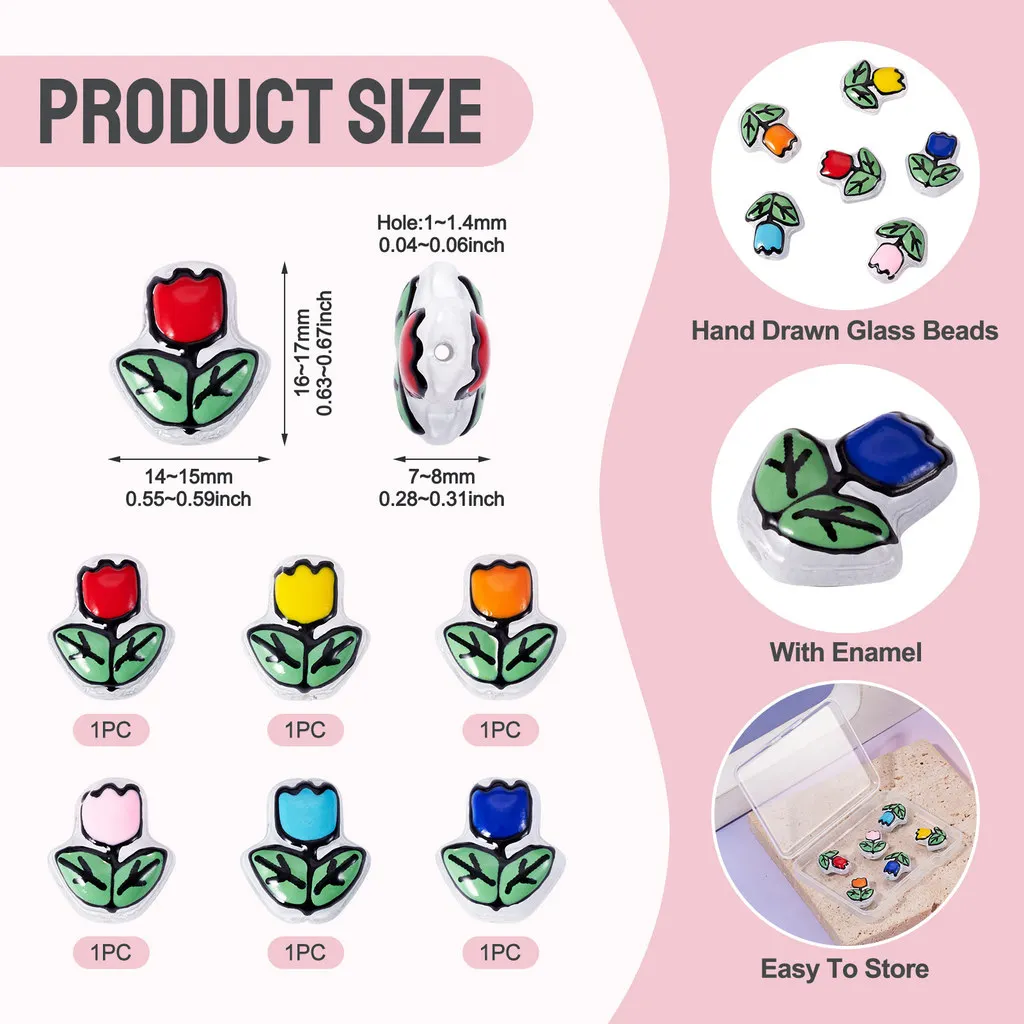 6Pcs Transparent Glass Enamel Flower Beads Hand Drawn Beads Loose Beads for Beaded Bracelet Necklace Earrings Diy Accessories
