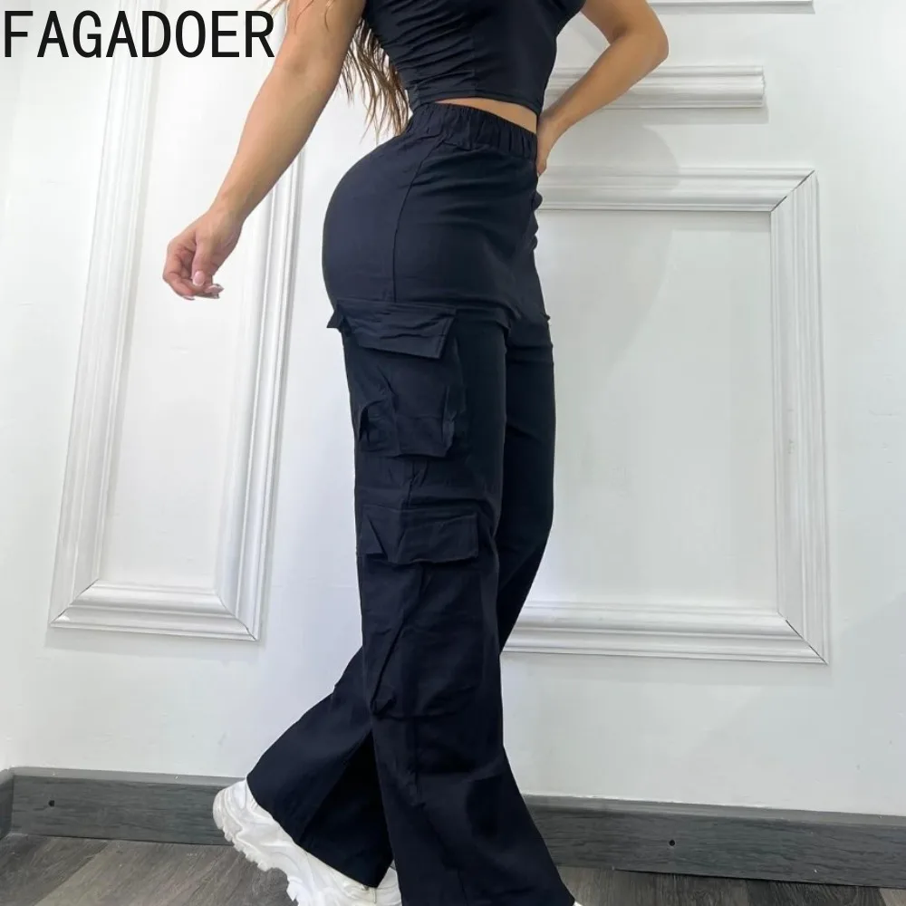 FAGADOER Black Casual Solid Color Pocket Straight Cargo Pants Women Elastic High Waist Slim Trousers Female Sporty Bottoms 2024