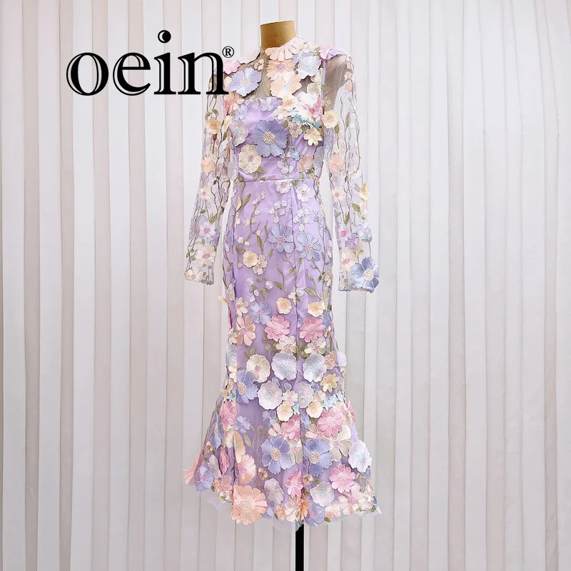 

[oein] Heavy Industry 3D Flower Embroidery Dress Romantic Round Neck Long Sleeve High Waist Perspective Long Dress