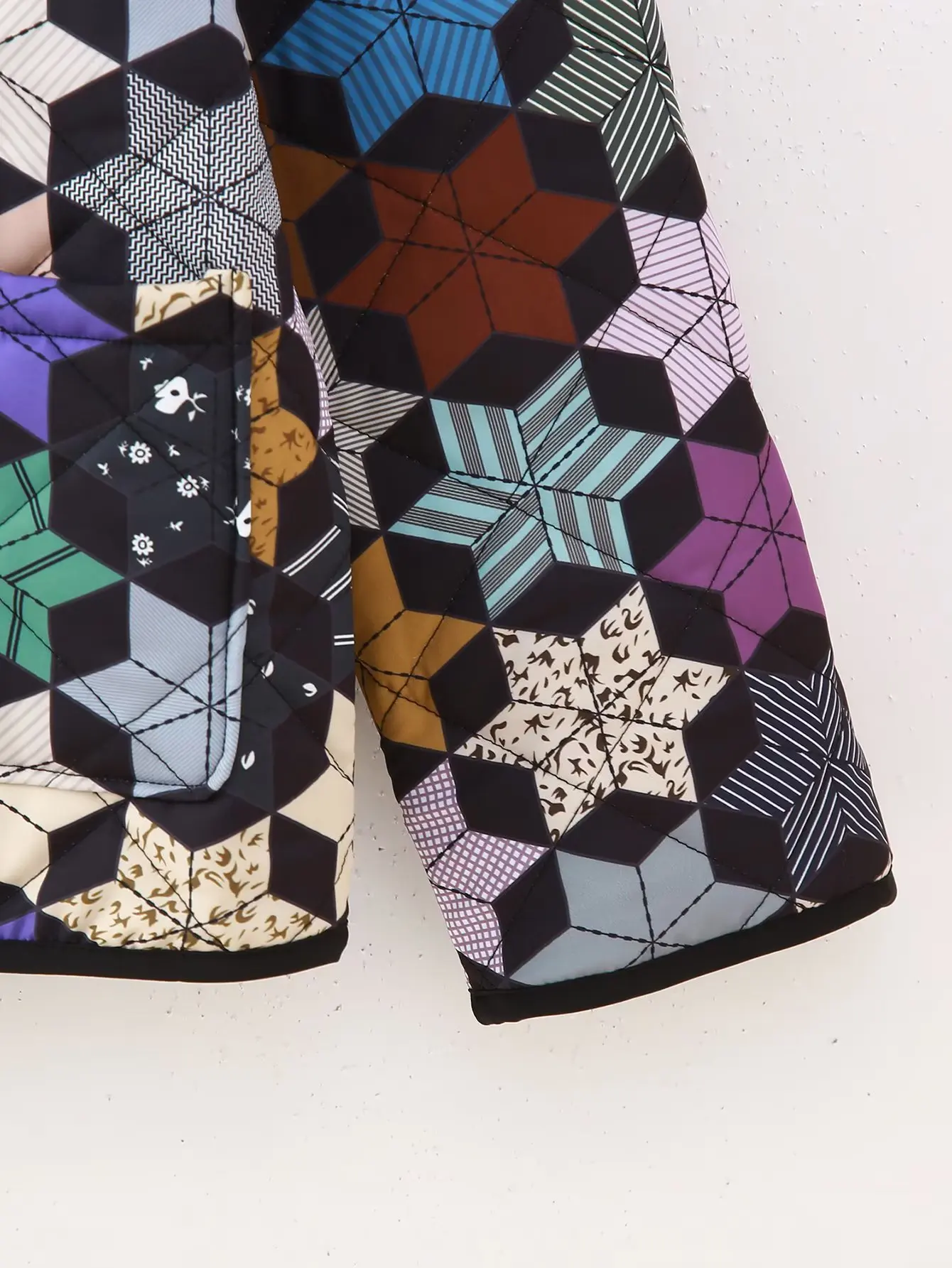 خريف شتاء جديد سترة مبطنة بالقطن للنساء موضة س الرقبة سستة كم طويل جيب التباين اللون هندسية طباعة معطف #5