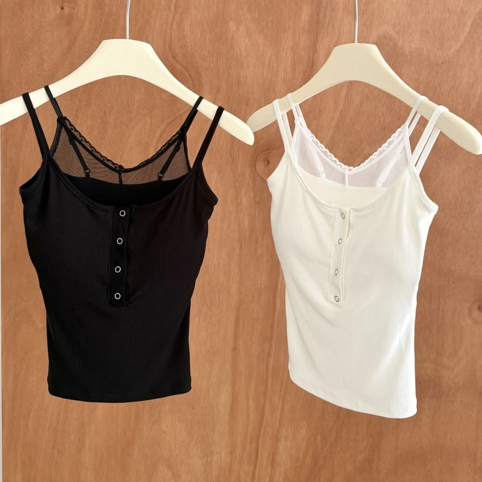 Summer New Sexy Lace Button Splice Strap Vest Women Fixed Style with Chest Pad Versatile Women's Short Length U-Neckline Inne...