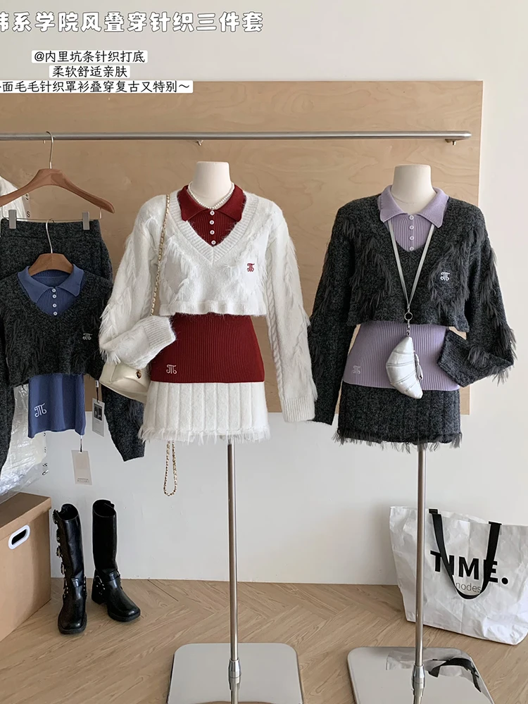 Women Fluffy Korean Preppy Y2k Coquette 2000s Shoujo Girl Outfits 3 Piece Set Long Sleeve Crop Sweater + Tank Top + Mini Skirt