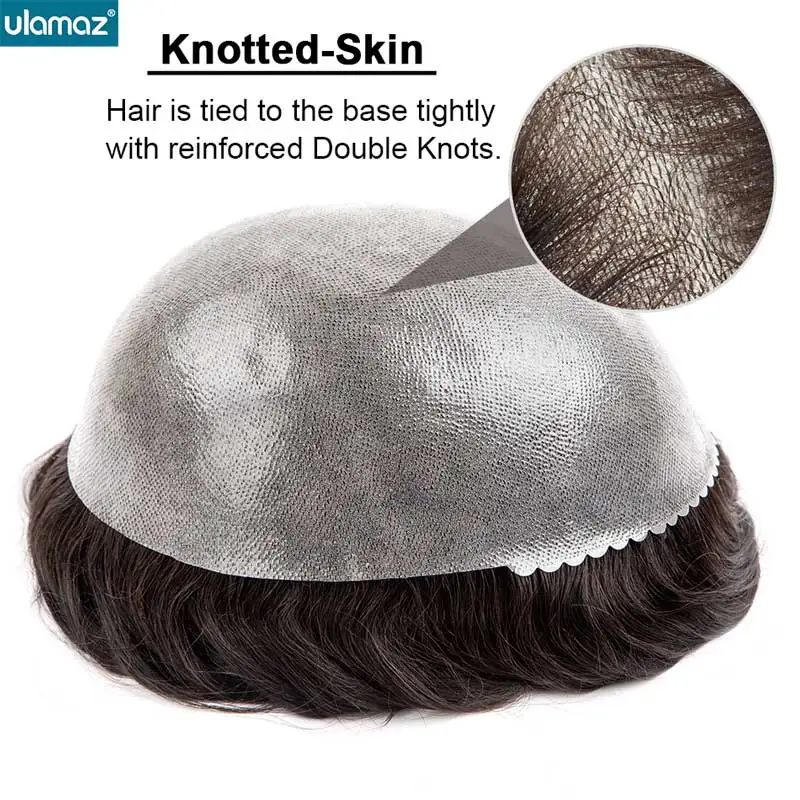 Knotted-Skin Male Hair Prosthesis Natural Human Hair Men's Wigs 0.08-0.10mm Poly Pu Hair System For Man Toupee Men's Hairpiece