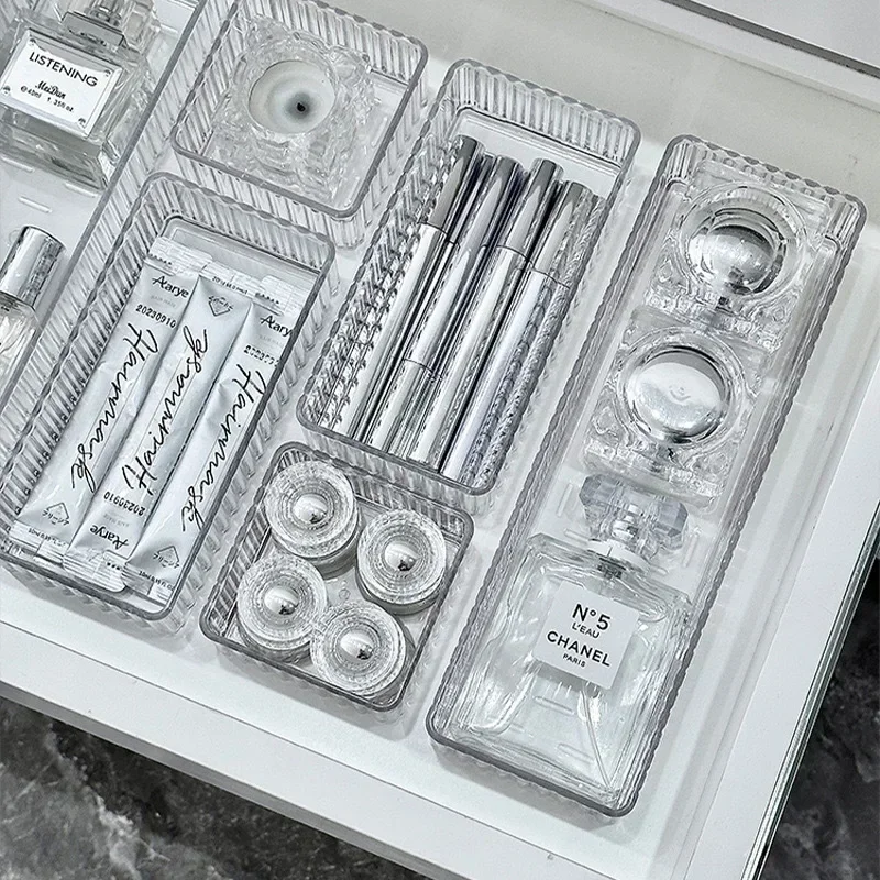 Transparent Desk Drawer Organizers Set Plastic Bathroom Storage Makeup Organizer Clear Storage Box Bins