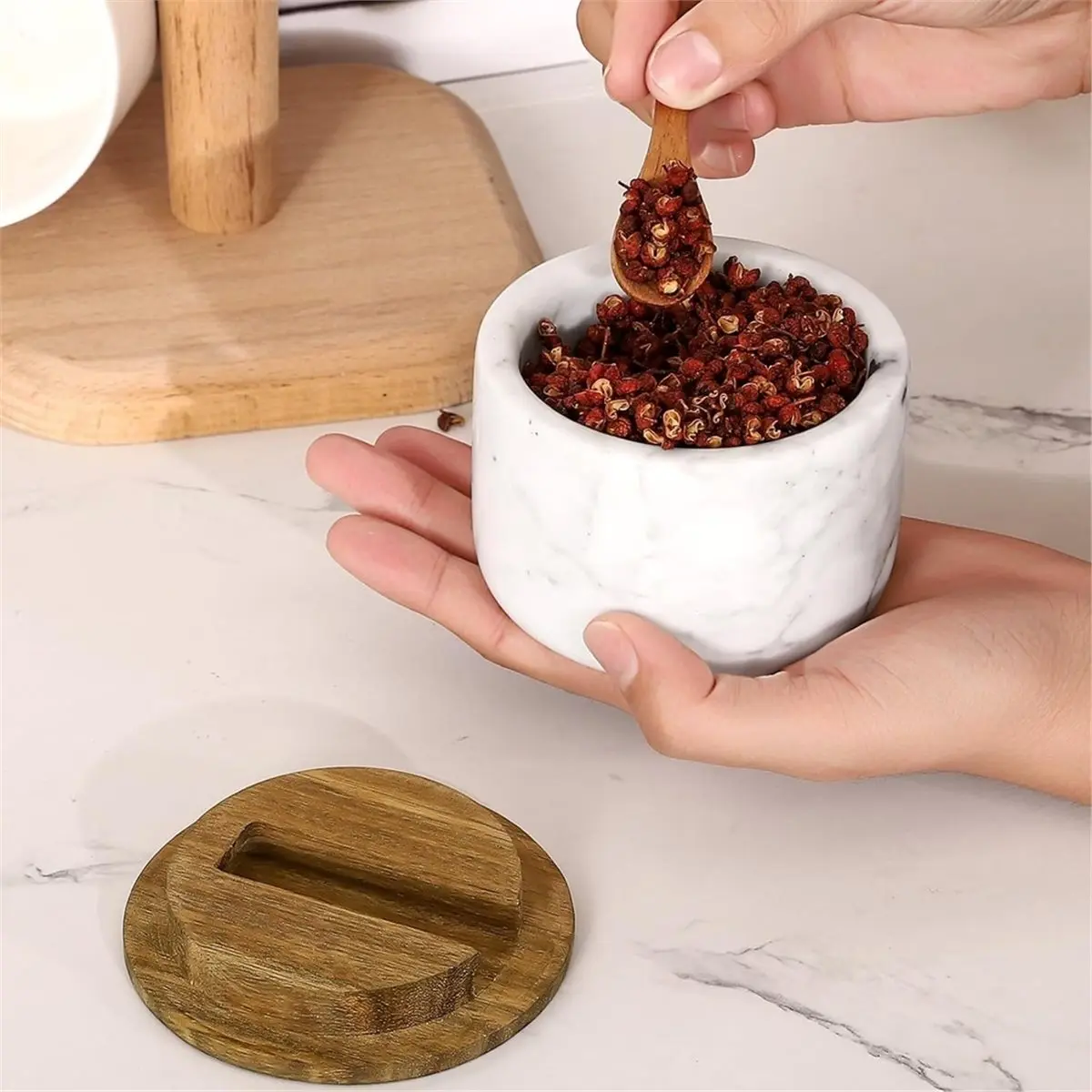 Seasoning Jars with Wooden Lids and Spoons, Marble Salt Shakers, and Seasoning Storage Jars-Perfect for Kitchen