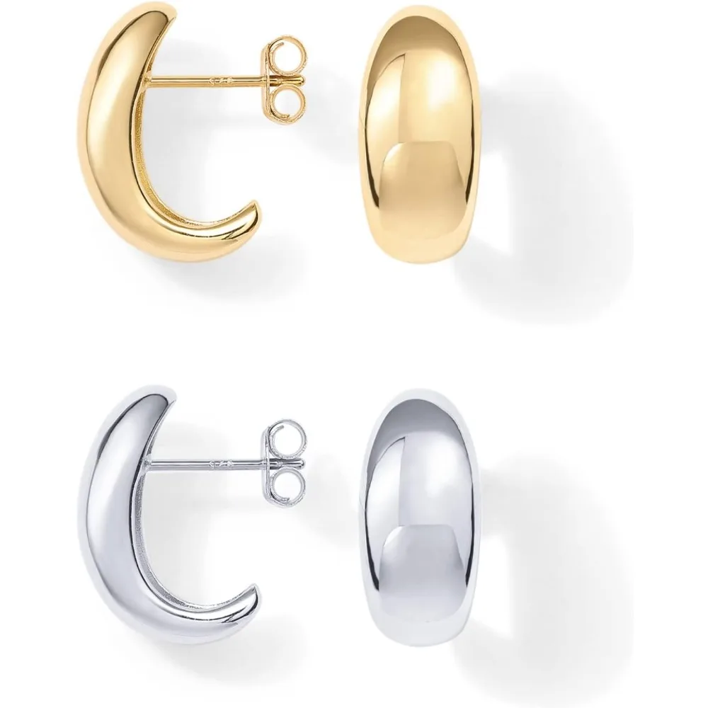 

14K Gold Plated 925 Sterling Silver Post Huggie Earrings Dome Hoop for Women