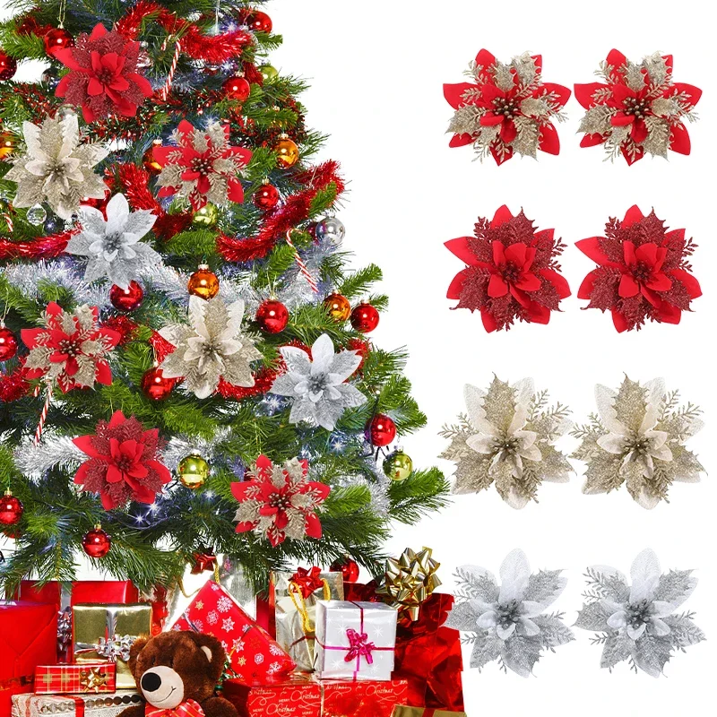 30pcs Glitter Christmas Flowers Ornaments Xmas Tree Decorations Supplies For Home New Year Wedding Party Poinsettia Decor Wreath