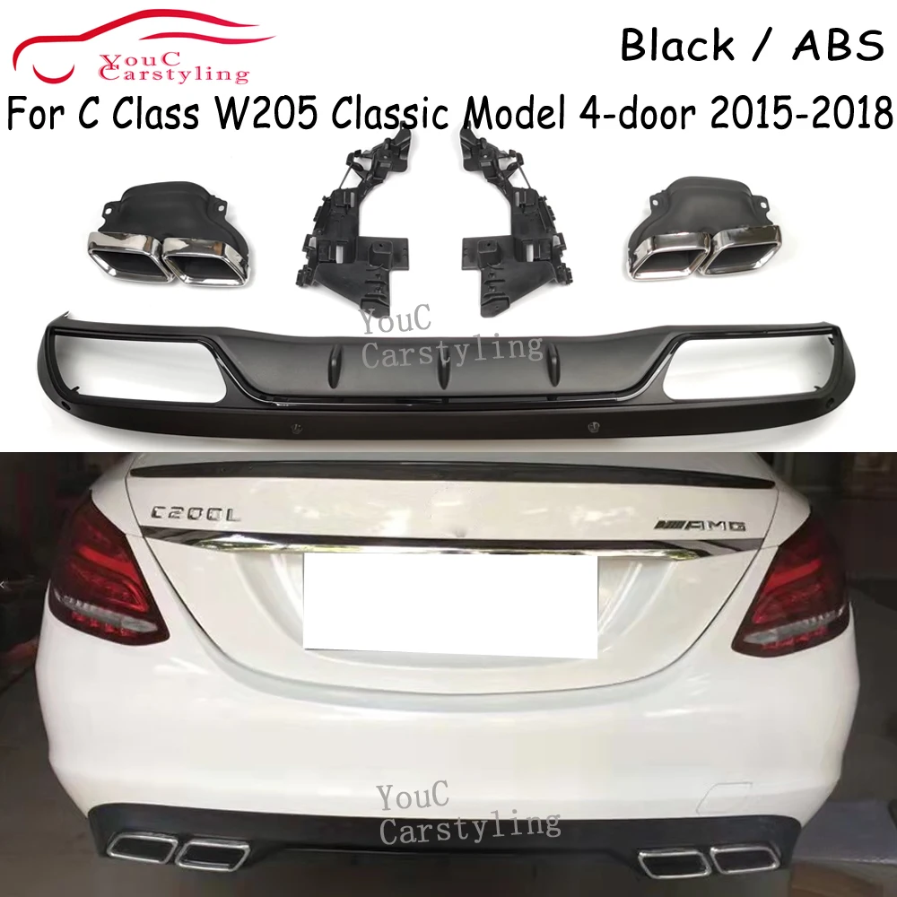 W205 AMG Style Rear Diffuser with 304 Stainless Steel 4-outlet Exhaust Tips For Mercedes C Class W205  C300 C350 2015-2018