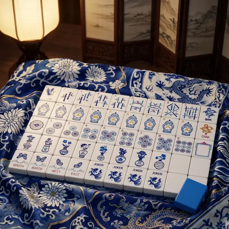 Luxury blue and white porcelain style four-layer acrylic mahjong set, portable design, suitable for entertainment - Panda