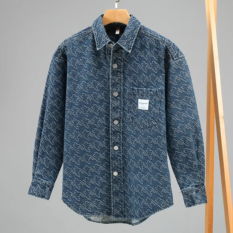 ربيع الخريف رجالي كم طويل قمصان جينز اليابانية الشارع الشهير الرجال جان القمم عادية النسيج قميص مطبوع الشباب فضفاض Overshirt