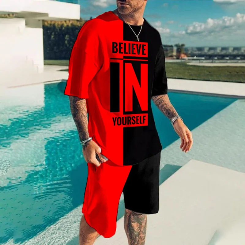 Summer Men\'s Tracksuit Believe In Yourself T-Shirt Shorts Set Fashion Jogging Suit Oversized Clothes Streetwear 2 Piece Outfit