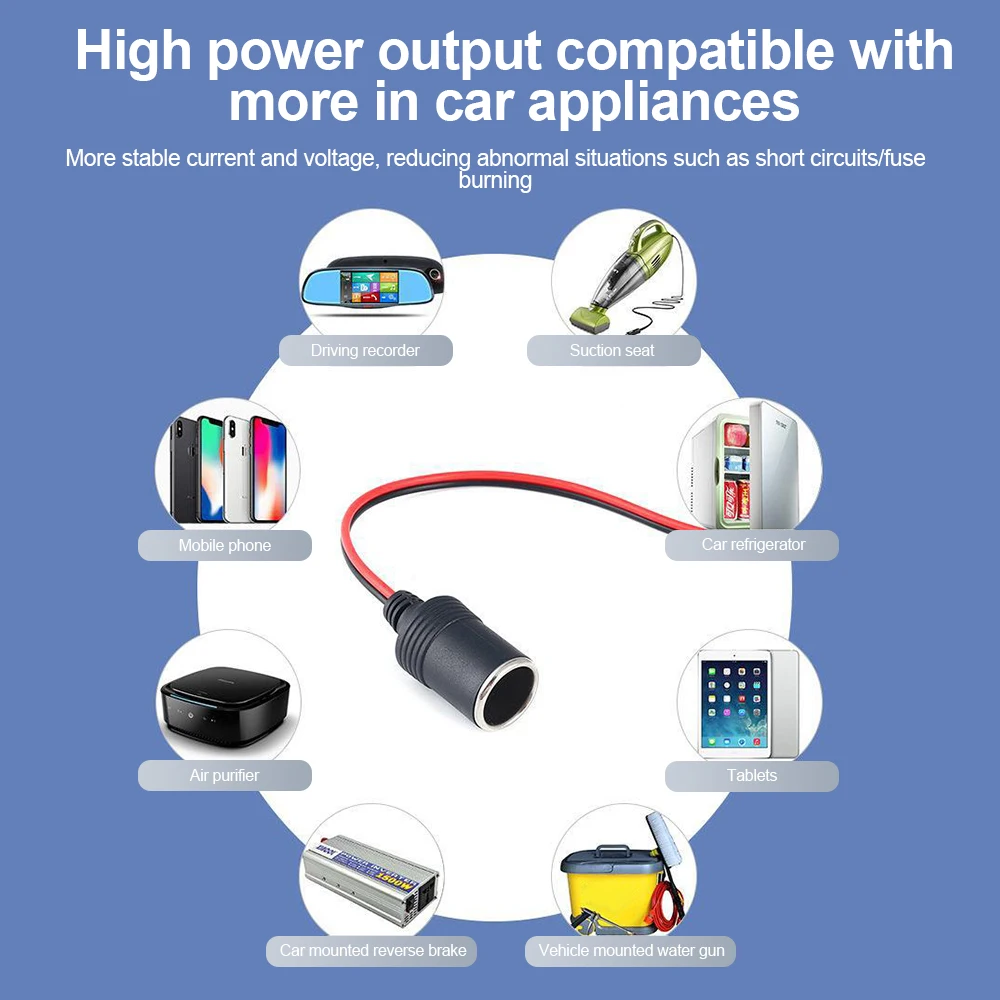 10A/15A/20A Max 200W Car Mounted Cigarette Lighter Charger Female Socket Plug with 30cm Cable Connector Adapter Universal 12v image 5