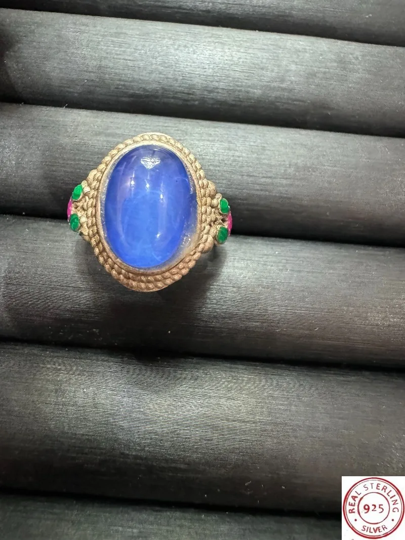 

Tibetan Silver Cloisonne Ring, Inlaid Blue Star Sapphire, Retro Ethnic Style, Adjustable Open Band, Unisex Vintage Finger