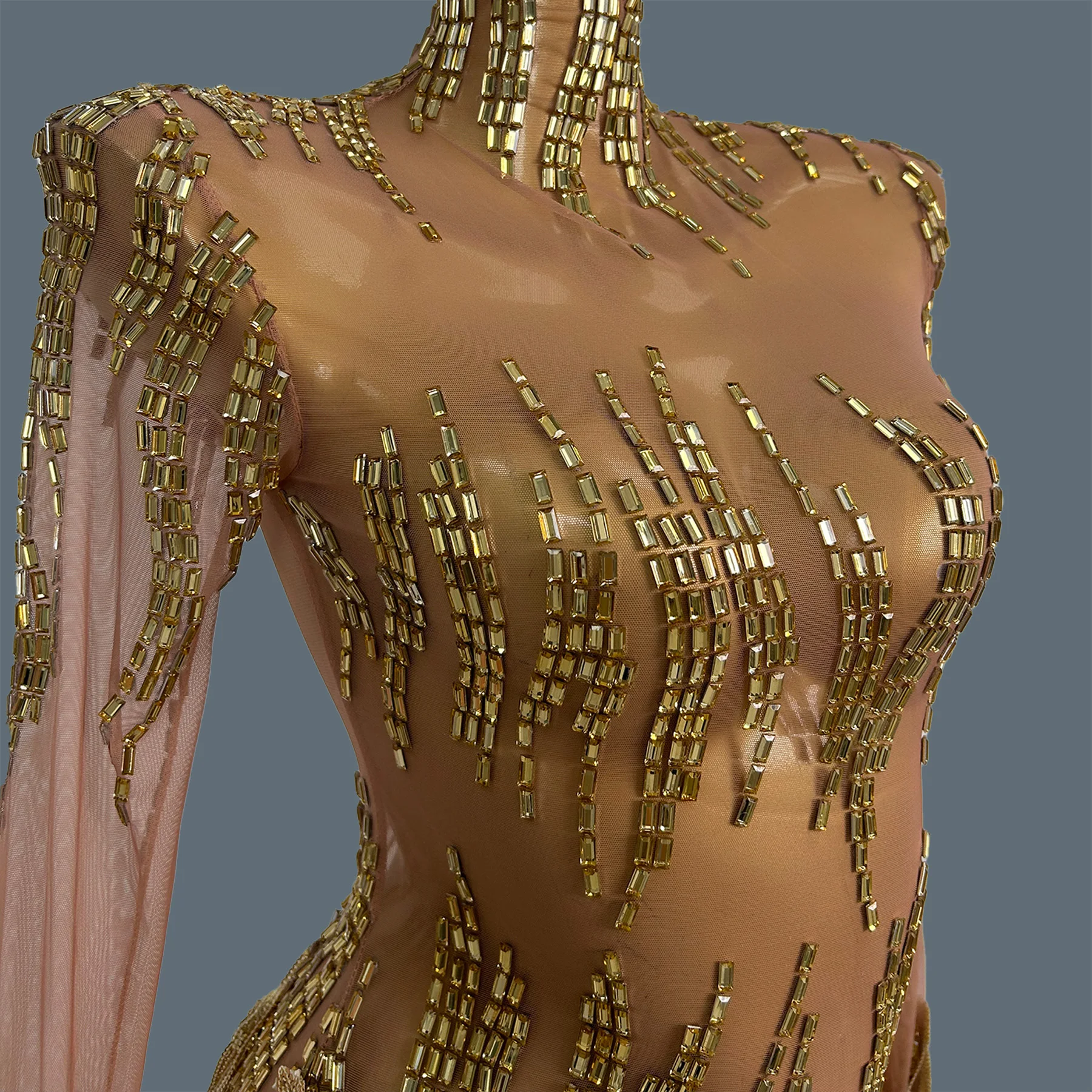 عرض مسرحي للحفلات سباركلي حجر الراين الذهبي انظر من خلال شبكة فستان قصير المرأة اللاتينية فستان رقص حفلة الترتر شرابة الزي ريكي