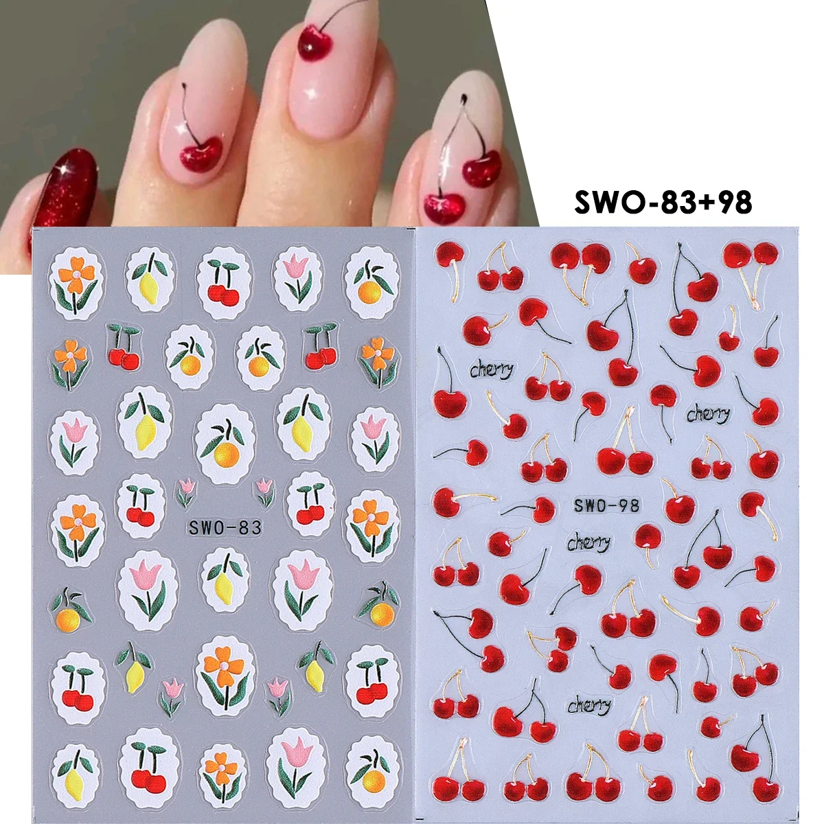 2 stuks zoete element nail art stickers eenvoudige bloem hart kersen aardbei kawaii stickers kleurrijke boog vlinder manicure sliders