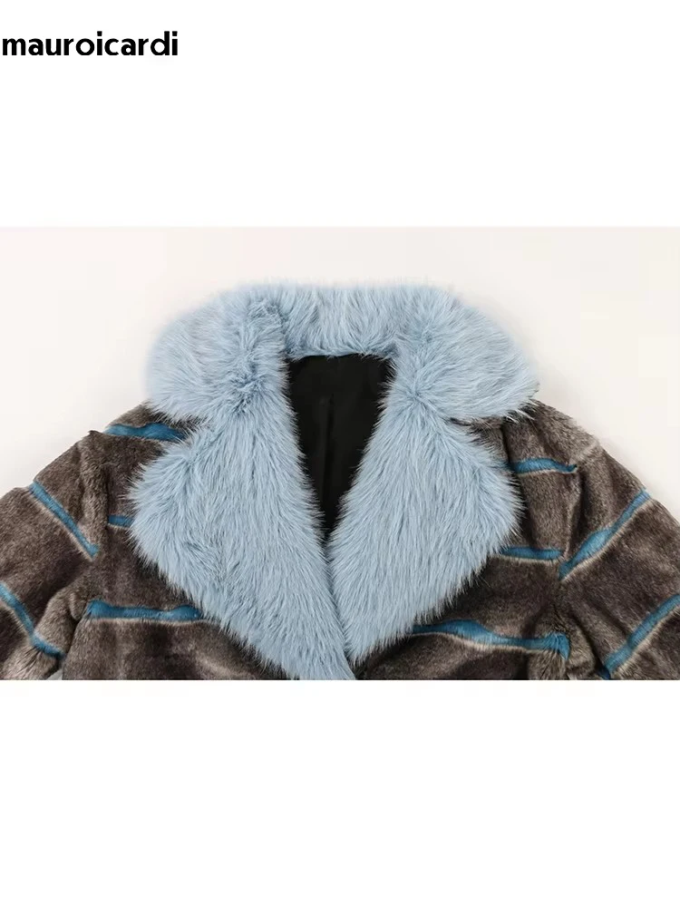 Nerazzurri Autumn Winter Long Thick Warm Blue Striped Patchwork Faux Fur Coat Women Loose Casual Luxury Chic Korean Fashion 2024