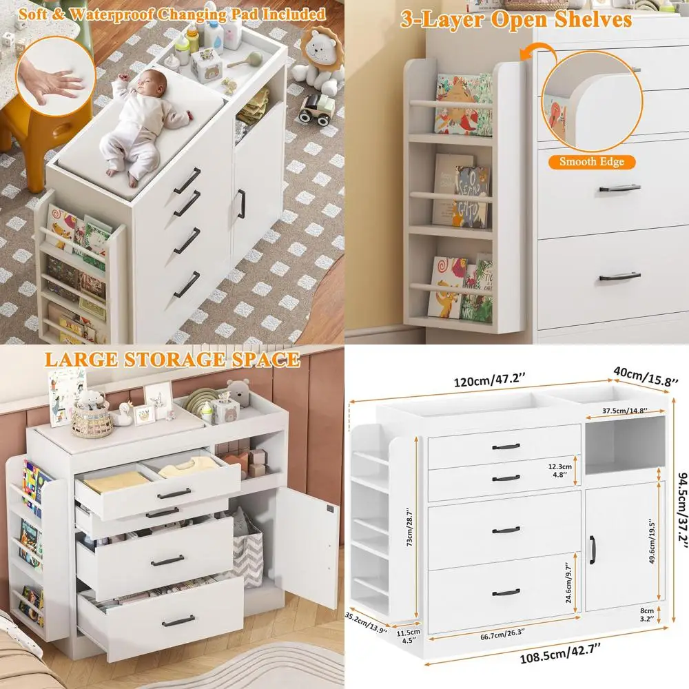 

Белый комод для детской с 4 ящиками, тумбой и 3 полками, включает пеленальный столик