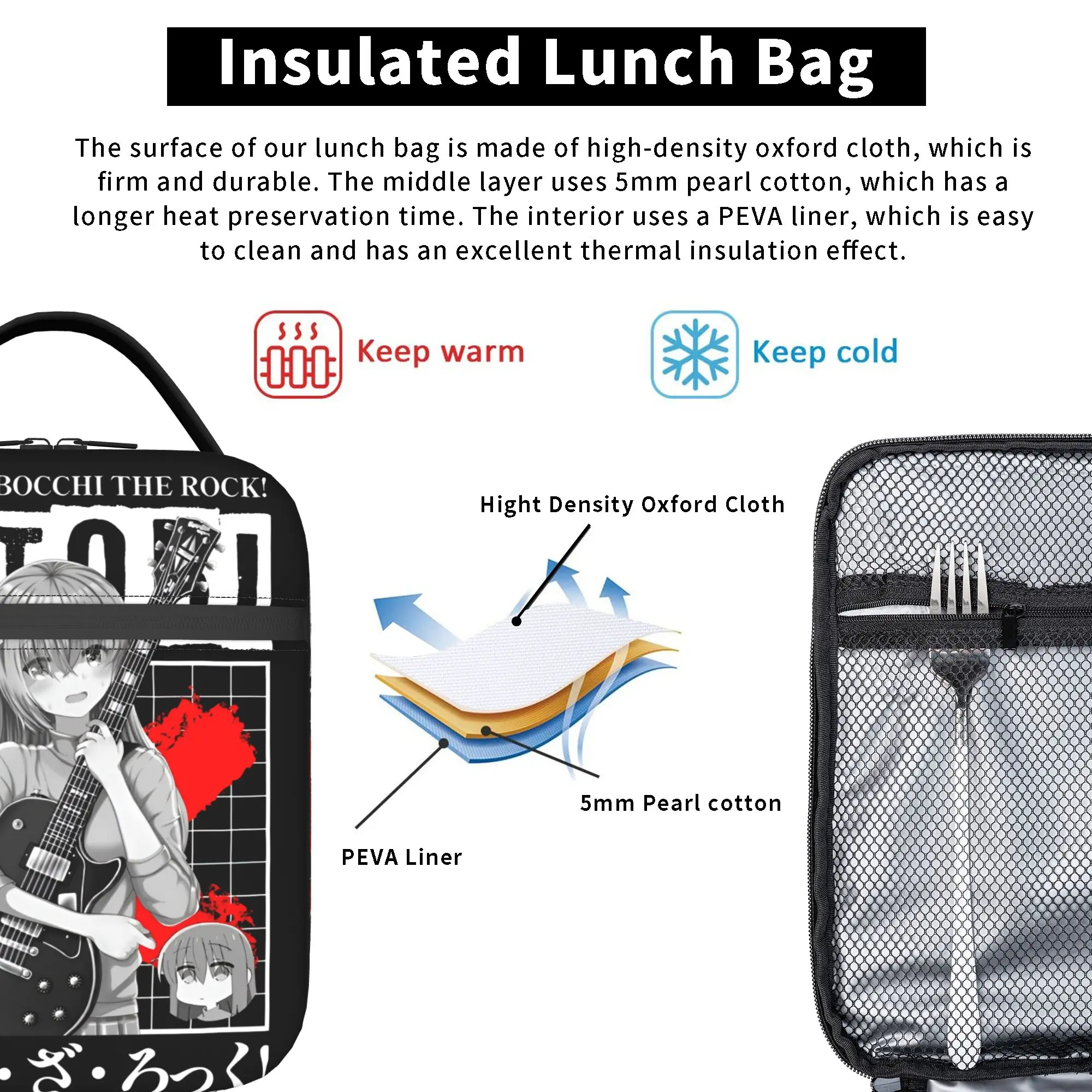 B-Bocchis the R-Rocks Portable Lunch Boxes Leakproof Anime Cos Kessoku Band Punk Thermal Cooler Food Insulated Lunch Bag School view 3