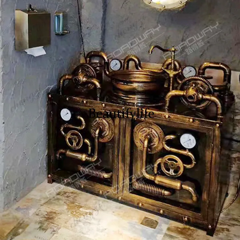 Metal wrought iron retro industrial style, floor-to-ceiling wash basin restaurant bar bathroom