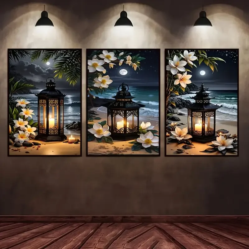 

3 шт. Приморские огни и свечи Белые цветы Алмазная картина 5D Diy Подарок ручной работы Вышивка крестиком Полная дрель Мозаика Домашний декор