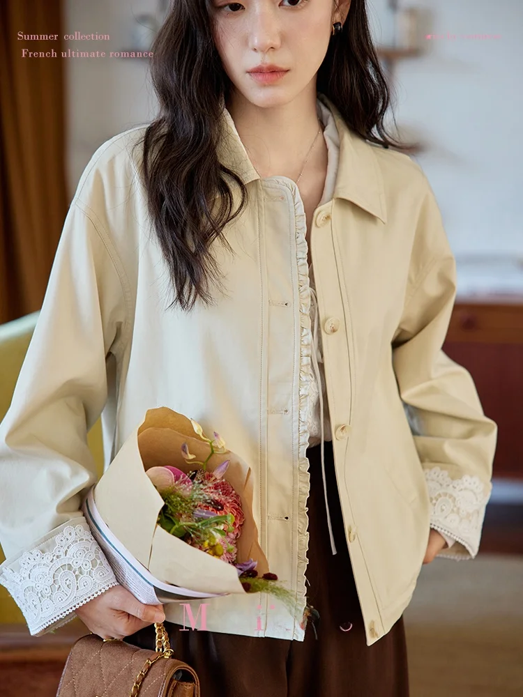 

Женская осенняя повседневная куртка Moriirose с кружевными вставками и дизайном на плечах, из смесового хлопка