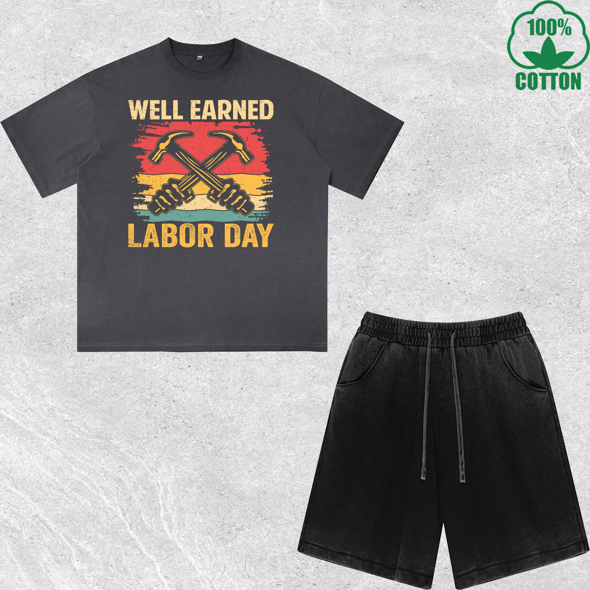 

Well Earned Labor Day Printed Dirty Wash 100%Cotton T-Shirt Shorts Set Multicolor Combo Loose Trendy Fashionable