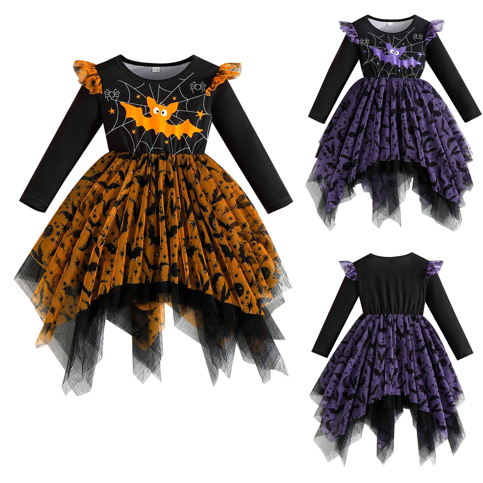 

Girls Halloween Bat Vampire Cosplay Costume Long Sleeve Printed Ruffled Mesh Tulle Tutu Dress for Carnival Easter Theme Party