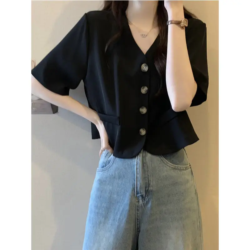 

Black V-neck Shoulder Short-Sleeved Shirt Women's Summer Design Sense Niche Short Loose Slimming Casual Coat Top