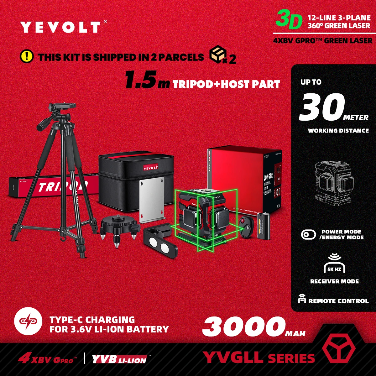 YEVOLT TP-YVGLL4XS12TB1P Series Green Laser Level 3-Plane 12-Line Self-leveling 360 3D Power Measuring-1.5M Aluminium Tripod