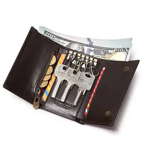 Cartera de cuero de vaca genuino para hombre, organizador de llaves informal, bolsa para llaves sólida portátil, llavero de coche para ama de llaves