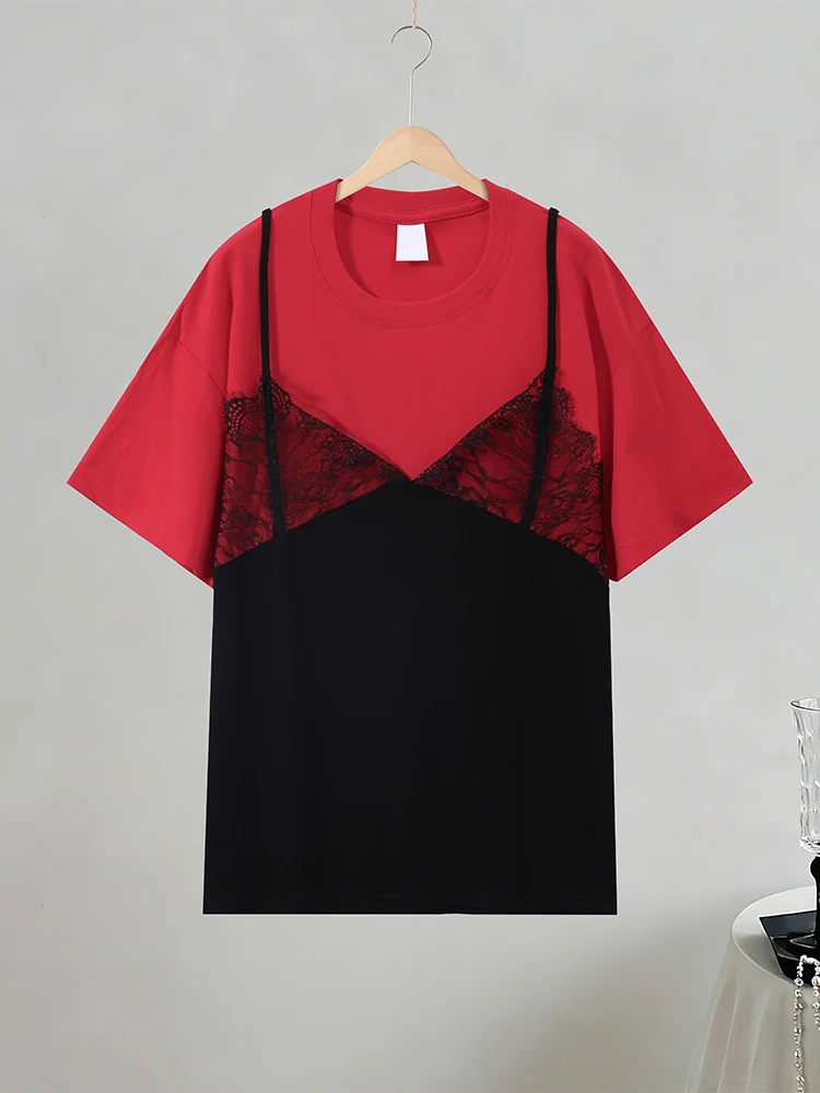 Spitzen-Patchwork T-Shirt mit Fake-Zweiteiler-Effekt für Damen, Eleganter Rundhalsausschnitt, Kurzarm, Locker Geschnittenes Oberteil, Frühlings-Chic, Neue Club- und Partykleidung – Detail 8