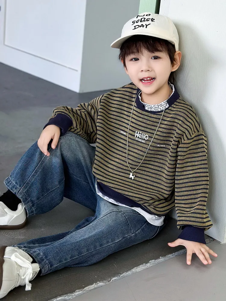 Boys Sets Sweatshirt Pants Two-piece Suits Children's Outfit Spring Autum Korean Fashion Round Neck Pullover Jeans Suits 2-10Yrs